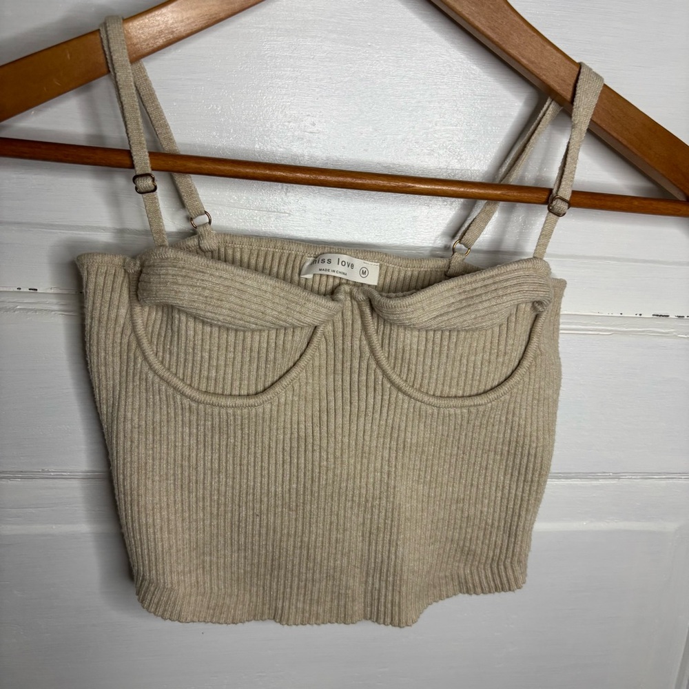 Miss Love Ribbed Bustier Crop Top in Neutral Beige
